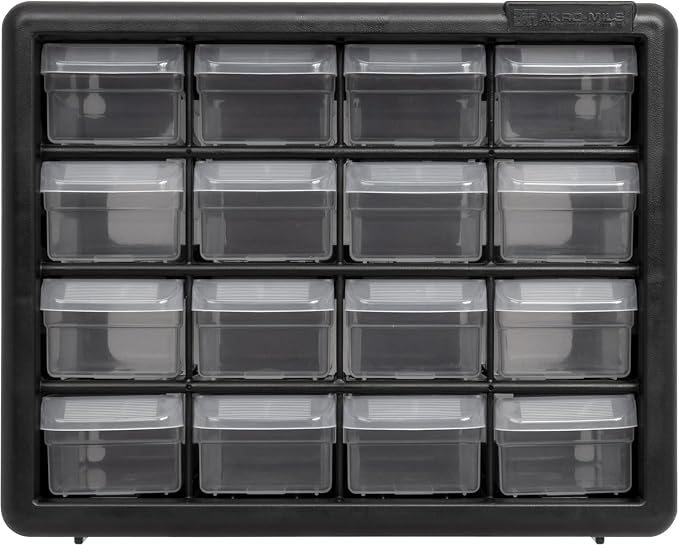 Akro-Mils 16-Drawer Plastic Storage Cabinet | 10-1/2 x 6-1/2 x 8-1/2 Inch | Black | Model 10116 | Garage Organization