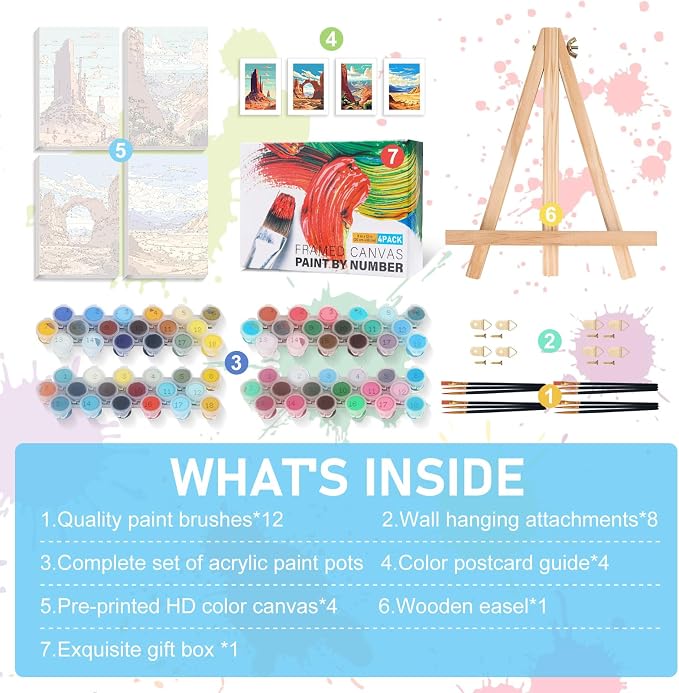 4 Pack Framed Paint by Numbers Kit for Adults with Wooden Easel, 8x12 Inch | National Park, Easy DIY Acrylic Canvas Craft Kit with Frame for Beginners, Home Decor, Stress Relief Relaxing Hobby Gift