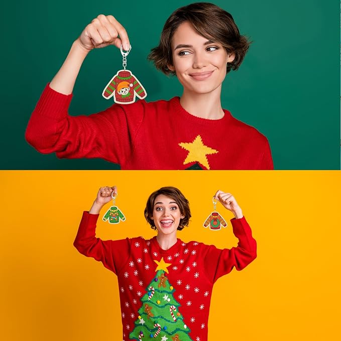 Trnayi 36 Pcs Christmas Ugly Sweater Wood Keychain DIY Craft | Christmas Ugly Sweater Wooden Keychain, Color Your Own Unfinished Craft, Blank Wood Painting DIY Craft, Holiday Art Project