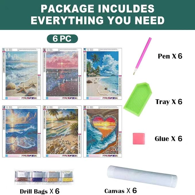 6 Pack Diamond Art Kits for Adults, Beach Diamond Painting Kits 12x16 inch