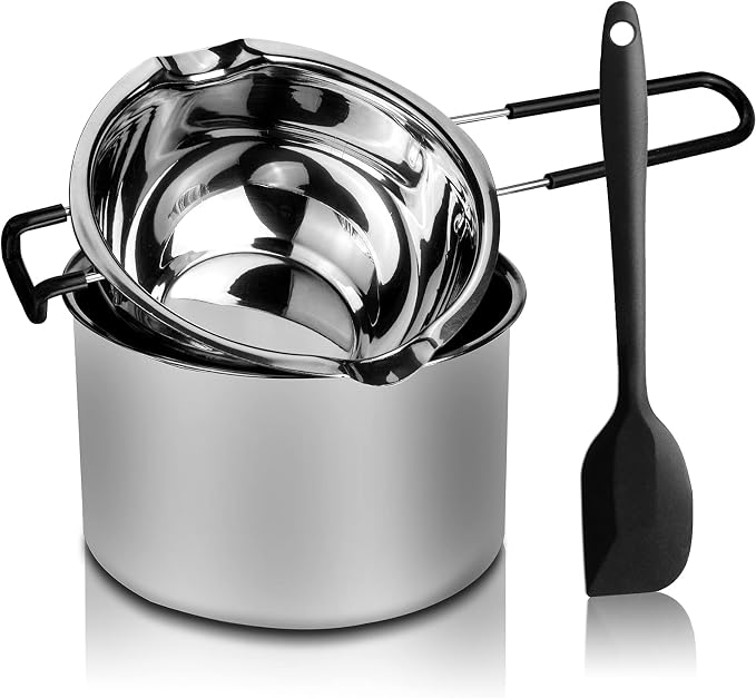 Double Boiler Pot Set, Stainless Steel Melting Pot 600ml and 1600ml | with Silicone Spatula for Melting Chocolate, Soap, Wax, Candle Making