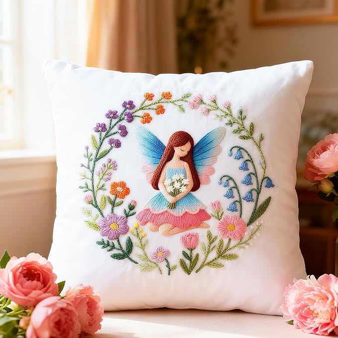 BEUNITONE 4 Set Fairy Patterns Embroidery Kit for Beginners 7.9"x7.9" DIY Complete Needlepoint Kits for Adults, Cross Stitch Starter Kit with Hoops and Instructions, Handmade Gifts for Home Decor