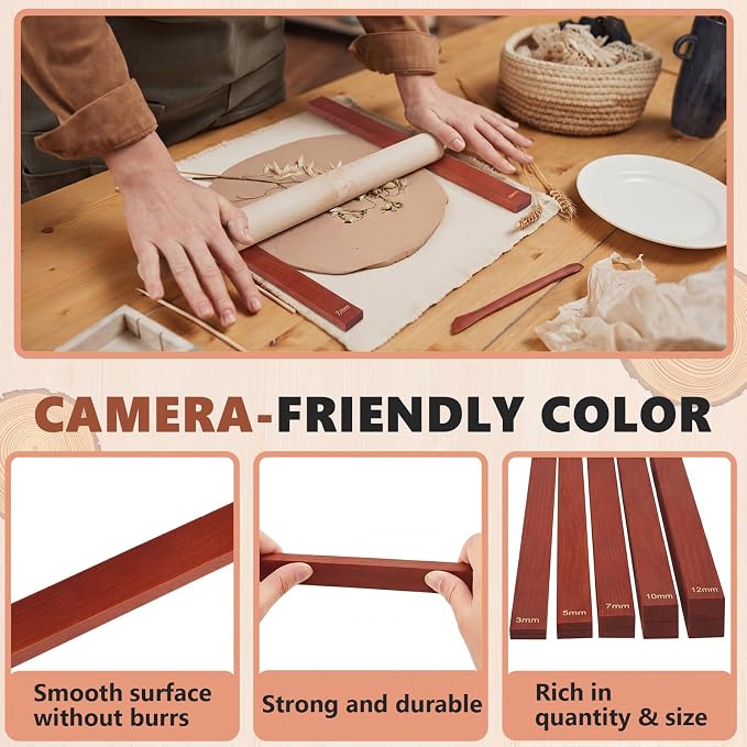 Sasylvia 10 Pcs Clay Pottery Rolling Pin Guides,5 Size,Reddish Brown | Wooden, Teaching Rolling Mud Stick Guide, Polymer Clay Depth Thickness Guide, Pottery Mudboard Tool