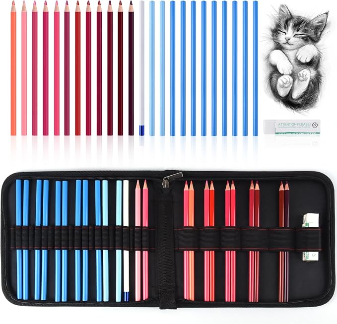 Professional Drawing Set,12 Colored Pencils,12 Graphite Pencils,Eraser,Case | Portable Travel Colored Pencil Case,Sketching Shading Blending Art Supplies,Gifts for Artists Adults Beginners.Red Black