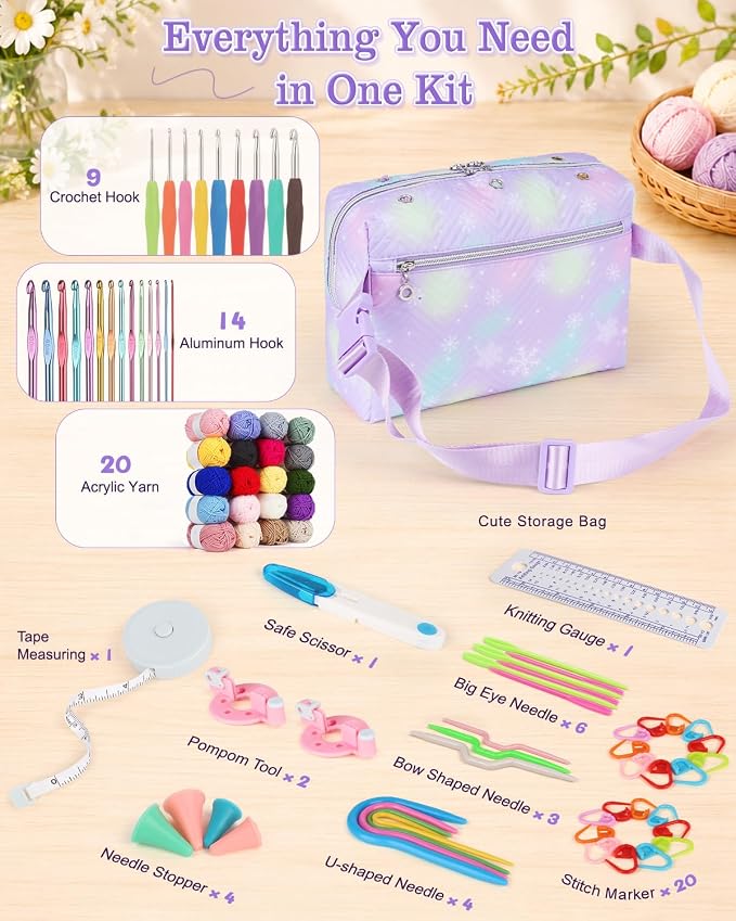 Aeelike Crochet Kit for Beginners Adult, Complete Knitting Yarn Kit, Purple | 87 PCS Crochet Kits for Beginners All-inclusive Crochet Set with Yarns Hooks Step-By-Step Instruction Storage Bag, Ideal Gift