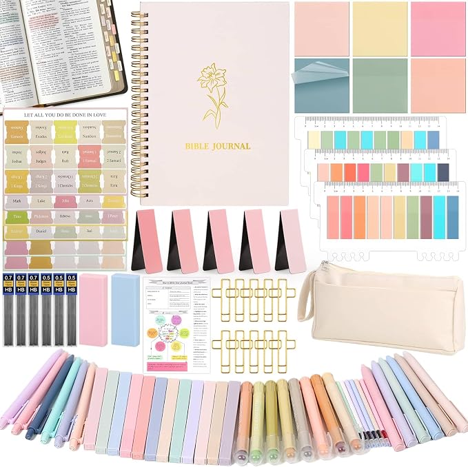 79 Pack Bible Study Supplies Journaling Kit for Women, Prayer Journal Note Taking Annotation Kit, Bible Tabs and Highlighters Set with Pencil Case and More Bible Study Tools