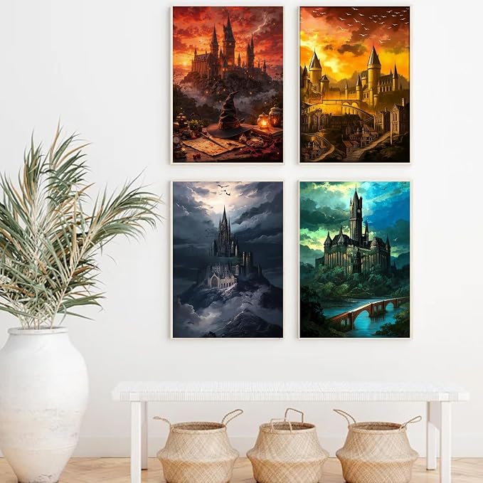 4 Pack Castle Paint by Numbers Kit for Adults Framed Canvas Frameworkless | Easy Adult Paint by Number Kits on Canvas DIY 4 Pack Castle Painting for Beginners Art by Numbers for Home Wall Decor Gift