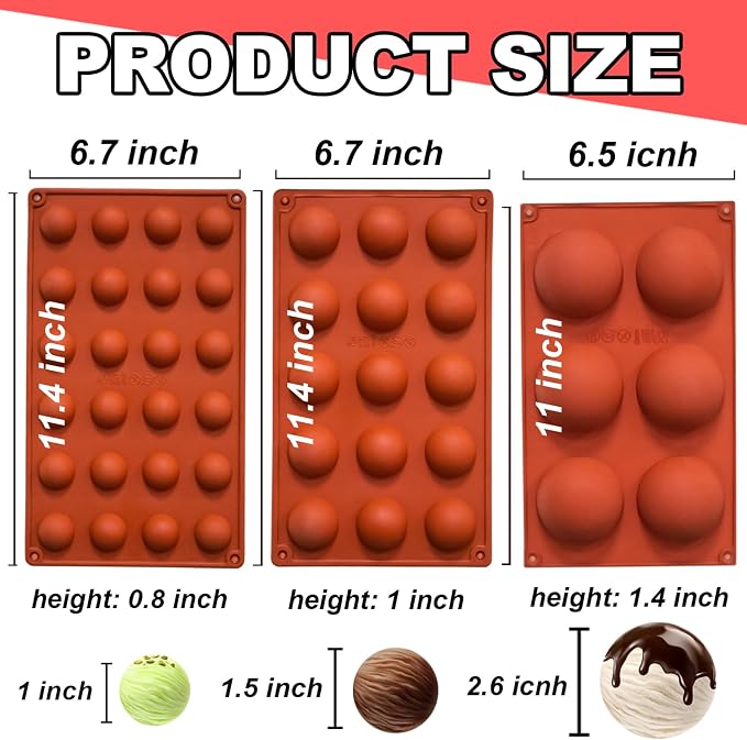 Lerykin Semi Circular Silicone Molds, Non-Stick Silicone Chocolate Molds,3 Packs Baking Molds for Making Chocolate, Cake, Jelly, Desert, Biscuit, Dome Mousse (6 Cups, 15 Cups and 24 Cups)