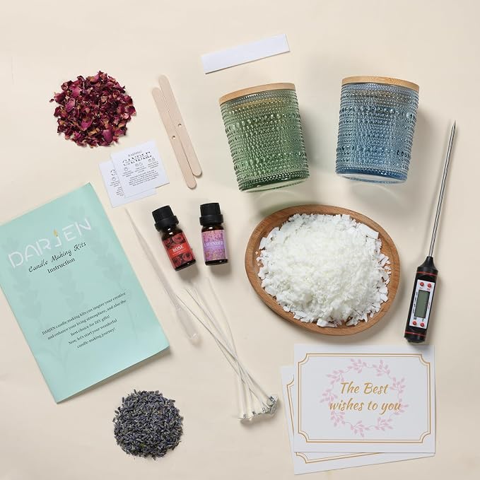 DARJEN Candle Making Kit for Beginners, 2 Jars Soy Wax Scented DIY Set | 100% Soy Wax, 10oz Glass Jars, Natural Cotton Wicks, Pleasant Scents, Instruction& More- Perfect as Home Decorations