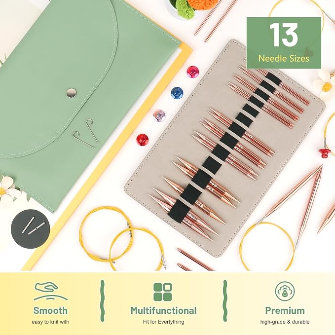 Aeelike 13 Pairs Interchangeable Knitting Circular Needles 3-10.0mm, Green | Aluminum Interchangeable Knitting Needles with 4 Cables, Smooth Complete Needles Set for Socks Blankets Sweaters, Ideal Gift