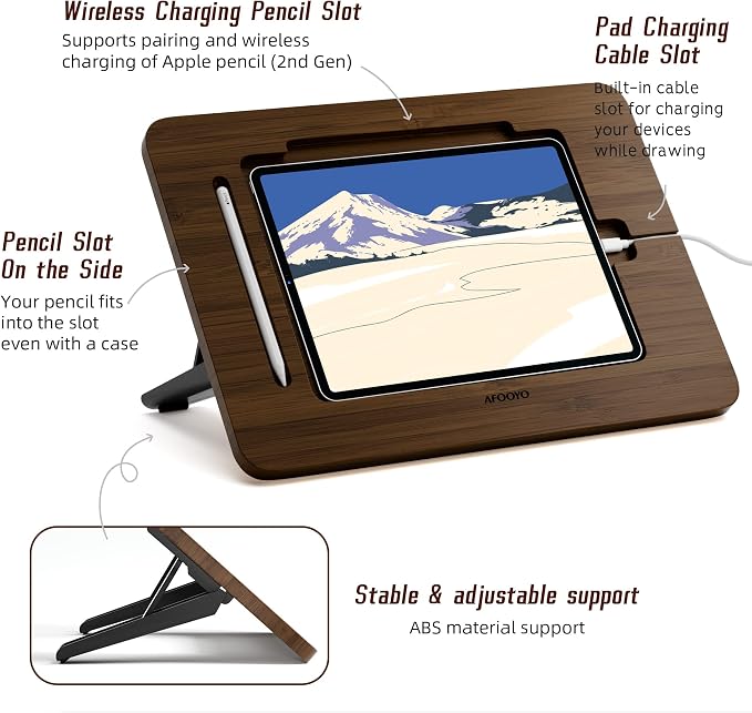 AFOOYO Bamboo Tablet Stand - Portable & Adjustable 5 Angles,Laptop Riser,Book Reading Stand,Compatible with 9.7/10.2/10.5/10.9/11 inches (Walnut Varnish)
