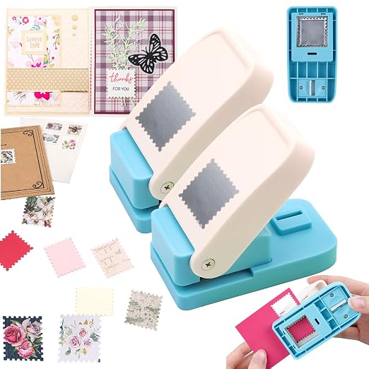 BAOFALI 2PCS Stamp Puncher 1inch Square Postage Stamp Punch |Stamp Hole Puncher| Scalloped Rectangle Lever Action Paper Punches for Crafting Scrapbooking DIY Card Making Arts Crafts Supplies