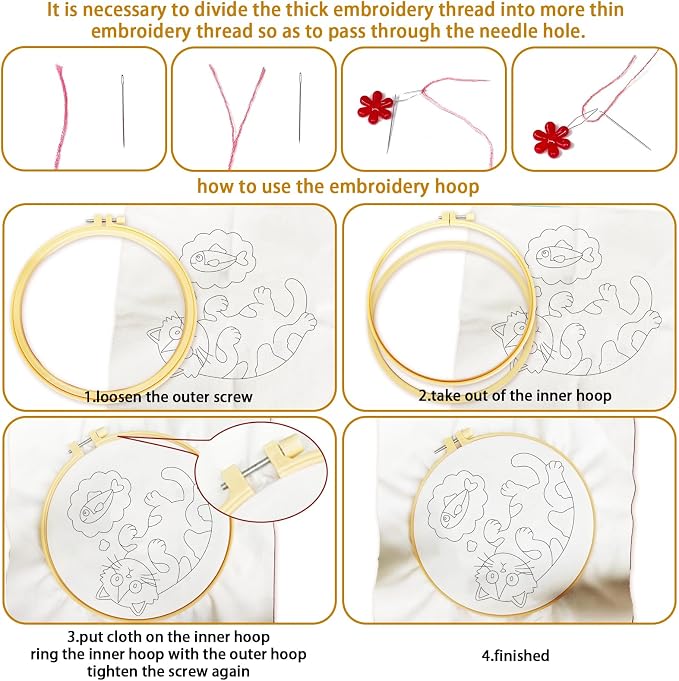 BEUNITONE 4PCS Fun and Funny Cat Embroidery Kit for Beginners, Cute Pre-Print Cat Pattern Hand Embroidery Kits with Hoop and Instruction, DIY Needlepoint Craft Kit for Gifts and Home Decor