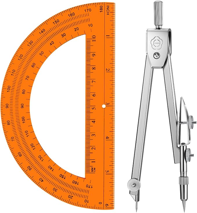 EBOOT Drawing Compass and 6 in Protractor Geometry Set, Orange | Geometry Math Set, Swing Arm Protractor Ruler Compass, Geometry Drawing Tools for Measuring Angles