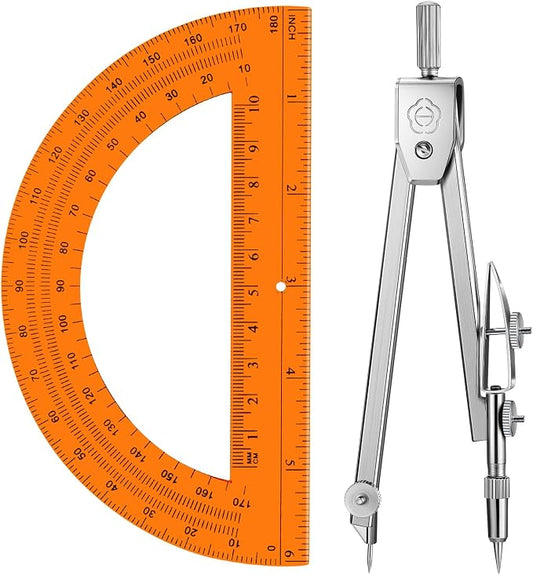 EBOOT Drawing Compass and 6 in Protractor Geometry Set, Orange | Geometry Math Set, Swing Arm Protractor Ruler Compass, Geometry Drawing Tools for Measuring Angles