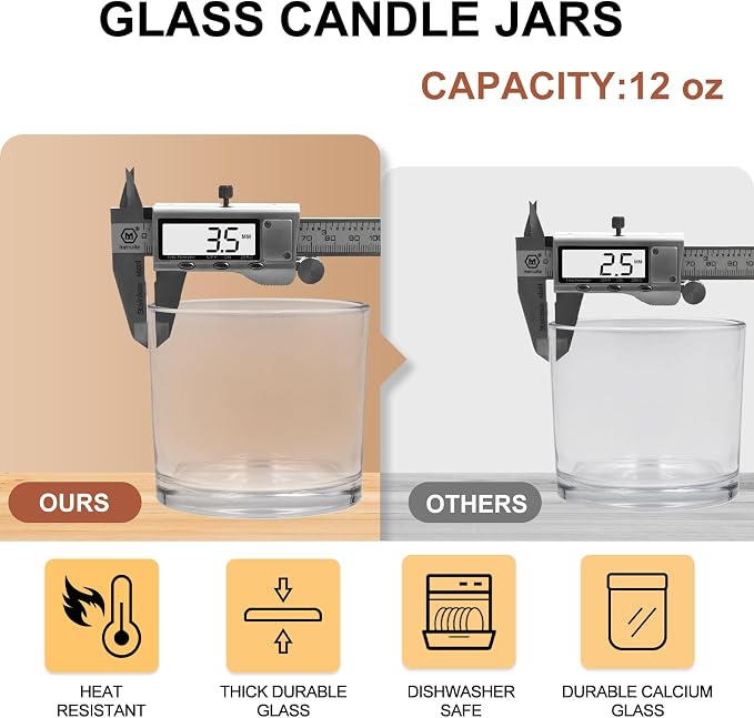 SHOWIN 12 OZ Thick Candle Jars for Making Candles 12 Pcs, Empty Jars with Wood Lids for Spice Jars, Sample Container, Clear