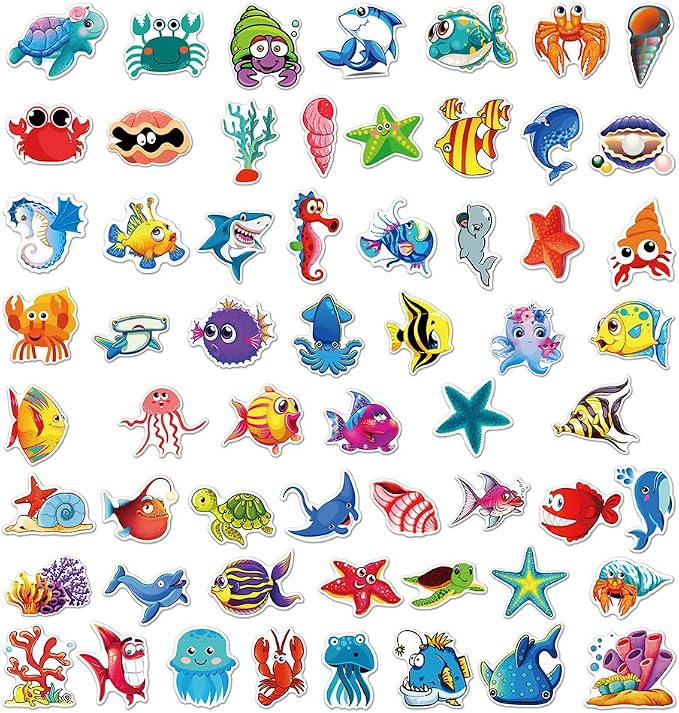 60Pcs Cute Sea Animal Stickers, Waterproof Vinyl Kawaii Ocean Creature Stickers for Water Bottles, Laptop, Phone Case, Scrapbook, No Residue Sea Life Decals for Teens, Adults(Cartoon Sea Creature)