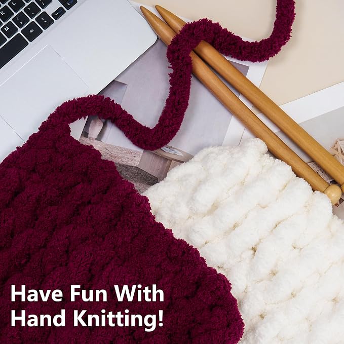 Cozyful Chunky Yarn for Hand Knitting - #10 Chunky Chenille Yarn, Jumbo Big Thick Chunky Yarns for Crocheting, Super Bulky Chunky Knit Blanket Yarns, 8 Skein (22yd, 8oz/Skein), Cream & Wine