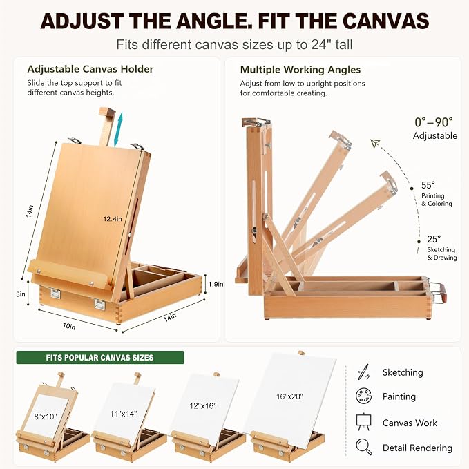 Beechwood Tabletop Easel for Painting, Portable Easel with Shoulder Strap | Upgraded Art Easel with Built-In Sketchbox Storage, Adjustable Angle, Desktop Drawing Easel for Sketching & Canvas Painting