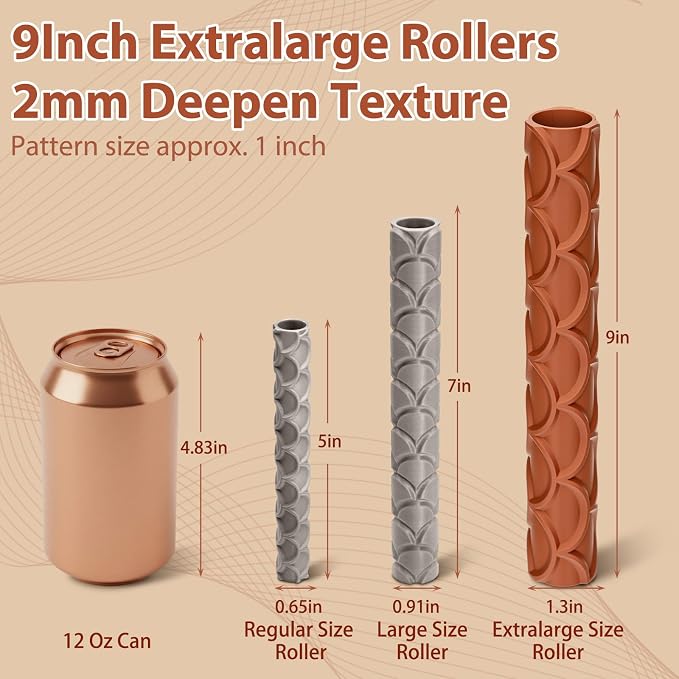 Leriton 6 Pack 9 Inches Clay Texture Roller Set Extra Large Polymer Tools