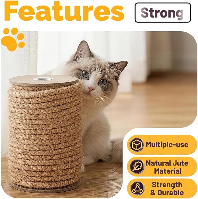 Jute Rope 10MM x 100FT Heavy Duty and Thick Twine Rope for Crafts Projects Gardening Bundling Cat Scratcher Scratching Post Tree Gift Wrapping Home Christmas Decoration (Brown 10mm* 100ft)