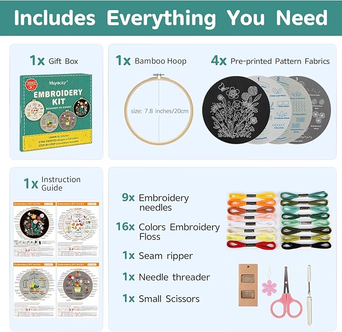 Meyocky Embroidery Kit for Beginners to Learn 31 Basic Stitches, HD Videos | 4-Piece Beginner Embroidery Kit for Adults, Starter Practice, Pre-Printed Patterns, Step-by-Step Guide, Craft Lover Gift