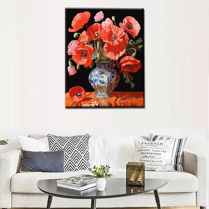 Tucocoo Red Poppys DIY Paint by Numbers for Adults Red Flowers in Vase DIY Oil Painting Kits Canvas with Acrylic Paint Floral Plant Art 16x20 Inch （Without Frame ）