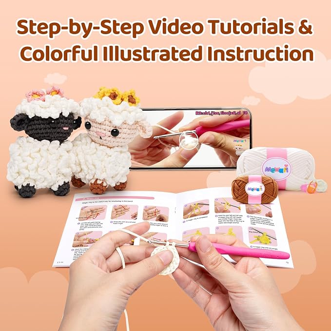 Mewaii Crochet Kit for Beginners, 2 Pack Lambs Craft Set | 40% Extra Yarn, Video Tutorial, Pre-Started Piece, Beginner Friendly, Family Craft Gift for Adults & Kids