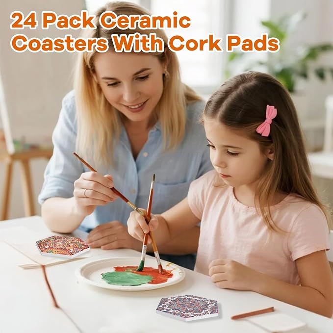 24 Pcs Ceramic Tiles for Crafts White Ceramic Coasters for Crafts with Cork Backing Pads Blank Unglazed Tiles for Painting Alcohol Ink Acrylic Pouring DIY Coaster Hexagon