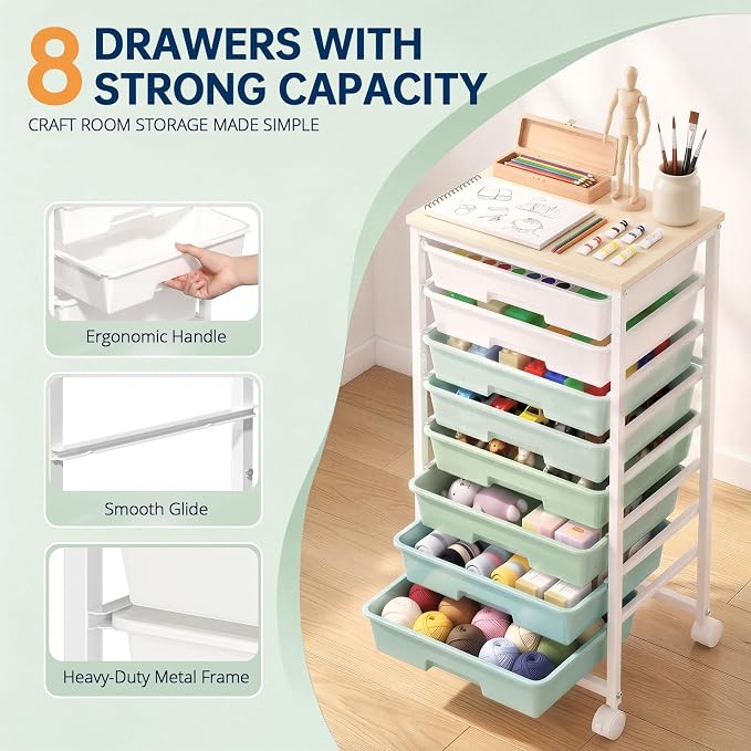 Delamu Rolling Storage Cart with 8 Drawers, Utility Craft Storage Cart | Storage Drawers Cart with Wooden Tabletop and Lockable Casters for Classroom Office Dorm Craft Art Supplie, Green