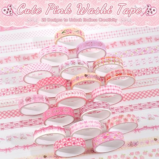 icceemee 20 Rolls Sweet Pink Theme Washi Tape Set with Different Colorful Patterns, Writable Decorative Tapes for Scrapbooking, Junk Journal Supplies, Bullet Journaling, 0.39'' x 79'' per Roll