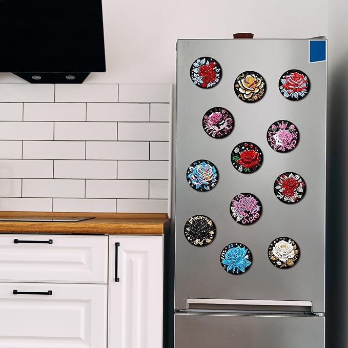 Zonon 12 Pcs Rose Flower Diamond Art Magnets, Flowers Fridge Magnets Adults | Diamond Painting Stickers, Sparkling Rose Designs, Easy to Apply on Refrigerator for Home Kitchen Decor