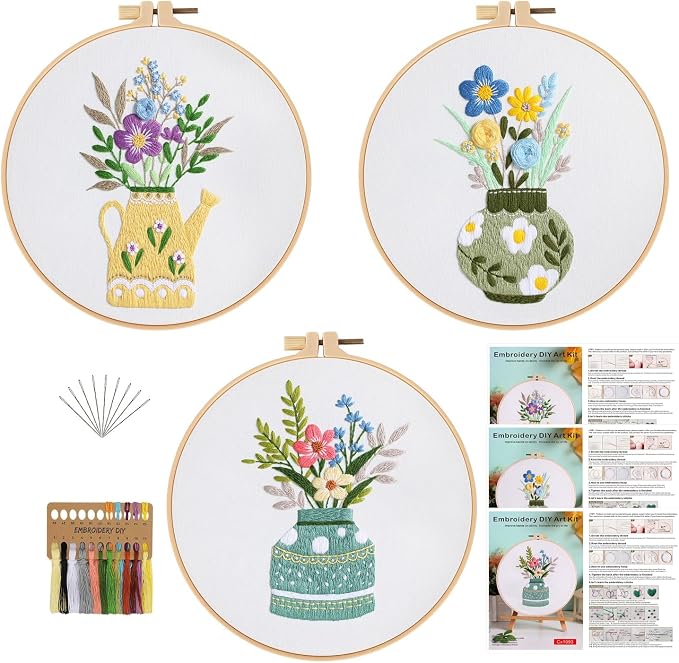 GLTAYLMY 3 Pack Embroidery Starter Kit with Pattern, Stamped Cross Stitch Kits for Beginners Adults with Embroidery Hoop and Instructions, Hand Embroidery Kit