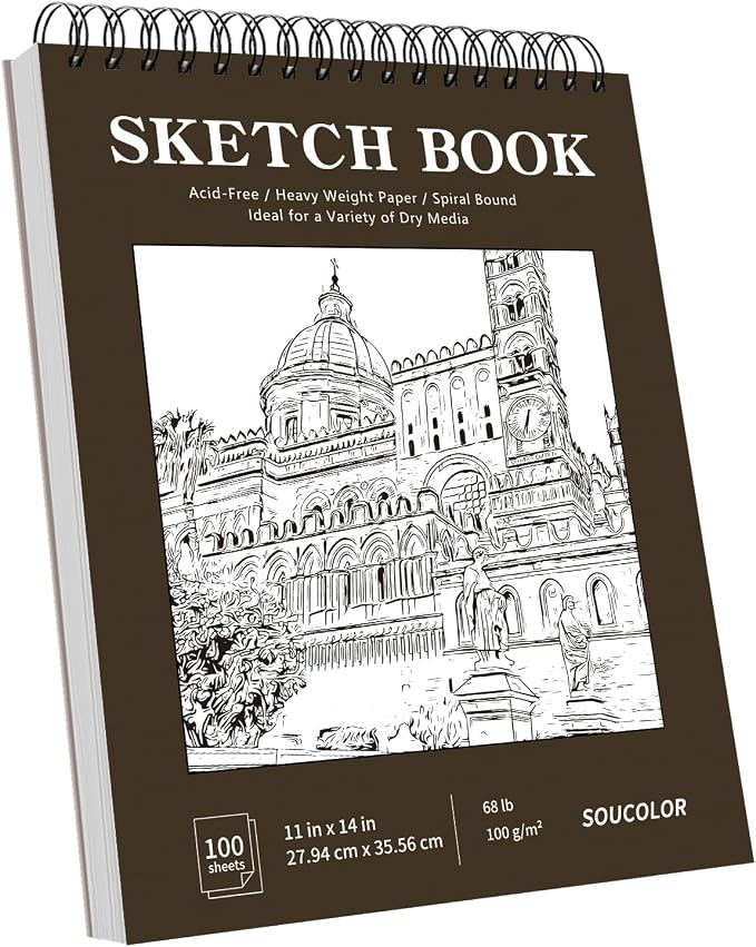Soucolor 11"x14" Large Sketchbook,100 Sheets Thick Acid Free Sketch Pad | Spiral Bound Drawing Paper for Artists Students, Professional Art Supplies for Storyboard Urban Sketching Plein Air Painting
