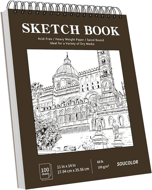 Soucolor 11"x14" Large Sketchbook,100 Sheets Thick Acid Free Sketch Pad | Spiral Bound Drawing Paper for Artists Students, Professional Art Supplies for Storyboard Urban Sketching Plein Air Painting