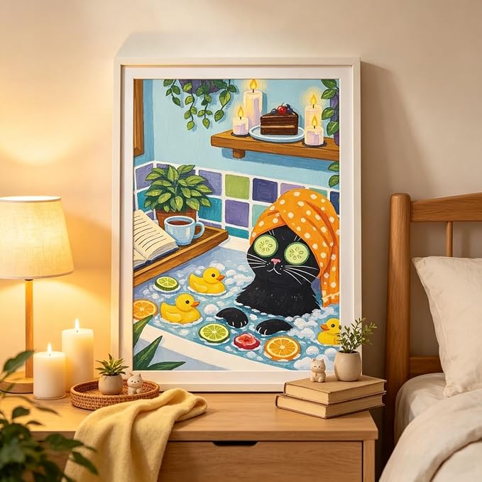 Animal Diamond Painting Kits for Adults,Funny Cat Spa Diamond Art Kits | DIY Full Round Drill Gem Painting Cute Black Cat Paint by Diamonds Relaxing Craft for Cartoon Home Wall Decor 12x16In