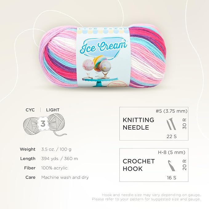 Lion Brand Yarn, Ice Cream Crochet Yarn, Raspberry Ripple, Multi, 3 Pack