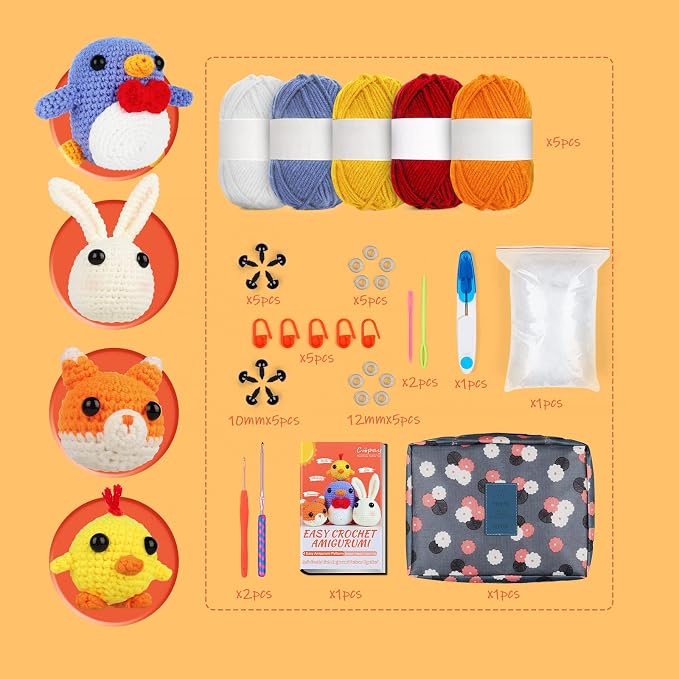 Coopay Crochet Kit for Beginners Adults w/Step-by-Step Tutorial | 4 in 1 Crochet Animal Kit - Penguin, Chick, Rabbit & Fox, Crochet Starter Kit-Include Everything Needed to Start
