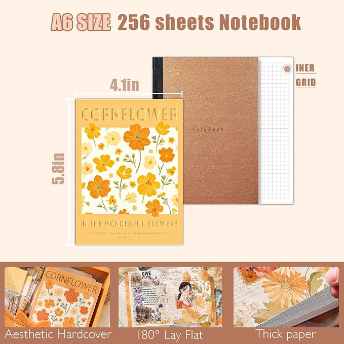 Aromoty Scrapbooking Supplies Kit, Botanical Aesthetic Vintage Scrapbook Kit for Bullet Junk Journal A6 Grid Notebook Stationary (Centaury Love)