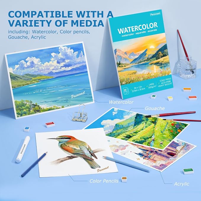 Pacocoast 9"x12" Cold Press Watercolor Paper Pad, 2Pack, Glue Bound, Teal
