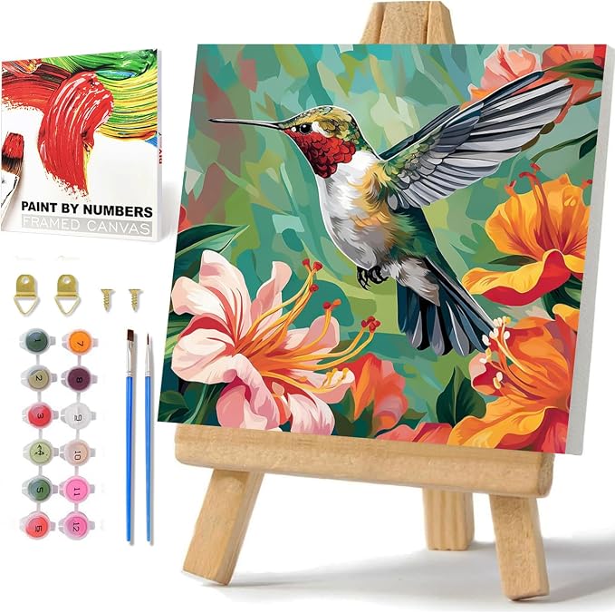 Hummingbird Paint by Numbers Kit for Adults, Paint by Numbers 10x10 Inch | Framed Paint by Numbers with Easel, Acrylic Painting by Numbers, DIY Arts and Crafts for Gifts or Home Decor