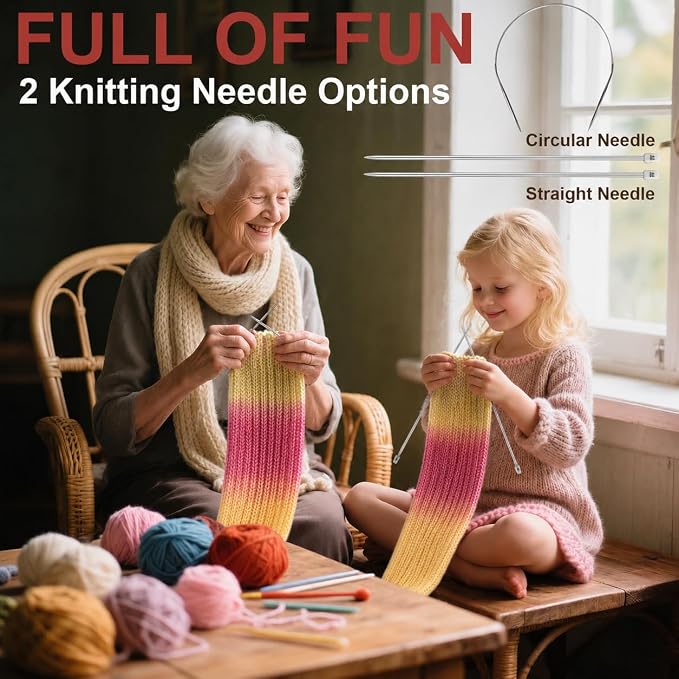 Knitting Kit for Beginners, Complete Starter Kit for Scarf, Hat, Gloves | Kitcroet Knitting Kit Video Tutorials & Written Guide; 2 Types of Needles & Knitting Accessories; 25% Extra Yarn Included