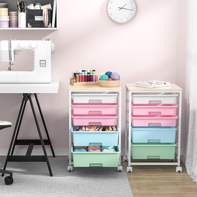 SYKIARIOL Utility Cart with 5 Drawers with Wooden Top, Rainbow | 5-Tiers Storage Cart with Drawers with Lockable Wheels for Craft Organizers and Storage,Home Office,Classroom,Dorm ,Playroom