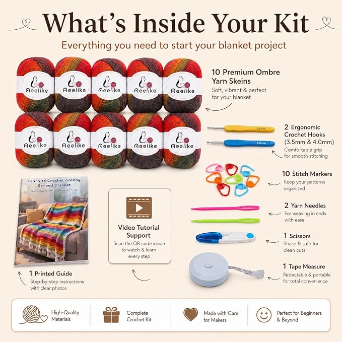 Aeelike Crochet Blanket Kit for Adults Advanced,Ombre Red Vintage Craft Kit