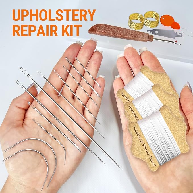 VONEEDL Upholstery Repair Kit: Waxed Sewing Thread (3 Rolls - White Color) & Heavy Duty Needles (11 PCS) for Leather, Canvas & Quilting Thread