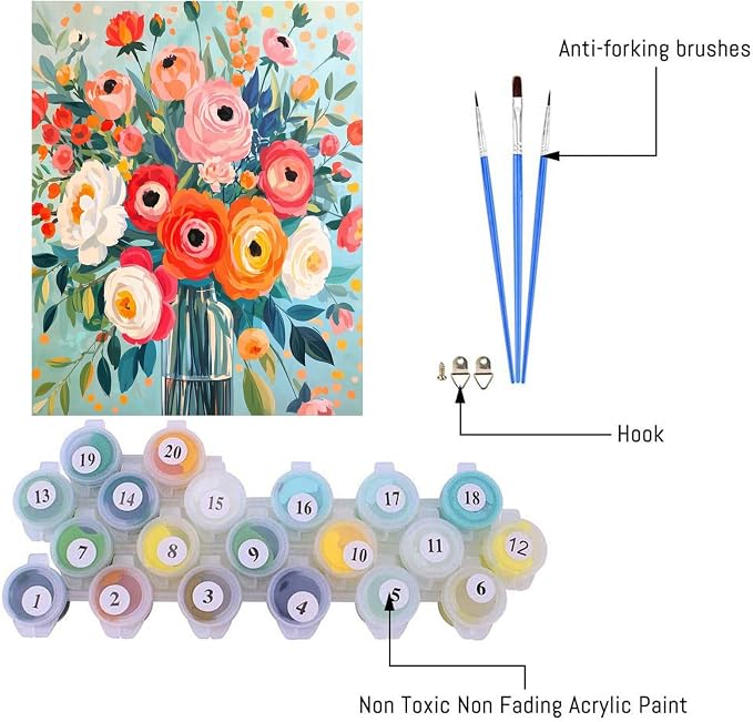 YarnMate Flowers in Vase Paint by Numbers Kit for Adults - Paint by Number on Canvas Without Frame, DIY Acrylic Painting for Gift Home Wall Decor (16x20 Inch)