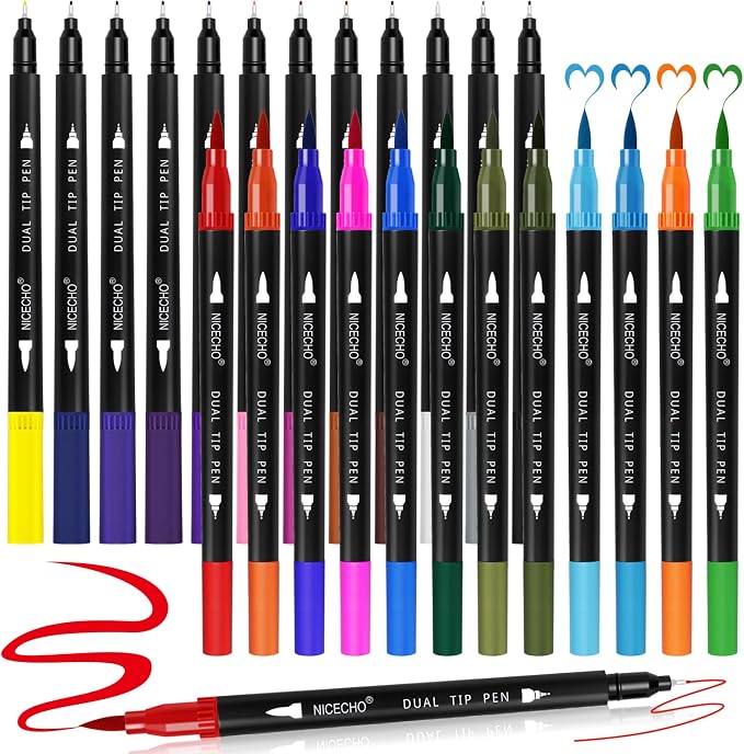 Nicecho 24 Colors Dual Tip Art Markers Pens for Adult Coloring Books | Brush and Fineliner Tip Art Suppliers for Journaling Note Taking Lettering