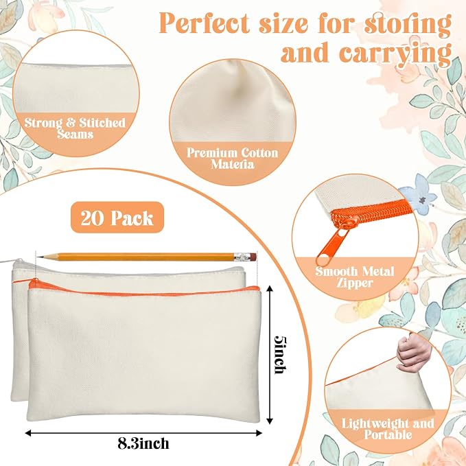 Legigo Blank Canvas Bags Zipper Pouch Makeup Bags Pencil Pouch Bulk | Multi-Purpose, Sturdy Canvas Pouch with Zipper, Cosmetic Travel Toiletry Bag for DIY Crafts, Gifts & Storage, 8.3 x 5 Inch