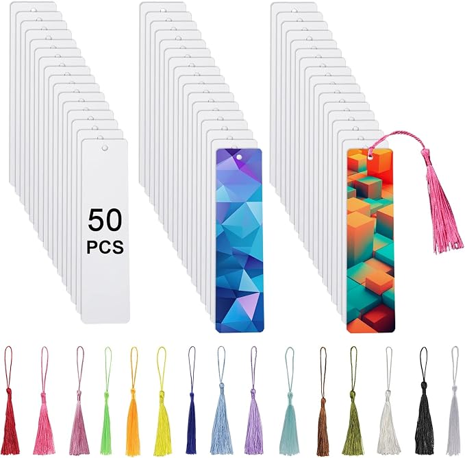 50 Pcs Sublimation Bookmark Blank Heat Transfer Aluminum Metal Bookmarks Bulk DIY Bookmarks with Hole and Colorful Tassels for Crafts,Personalized Tassels Blank Bookmarks
