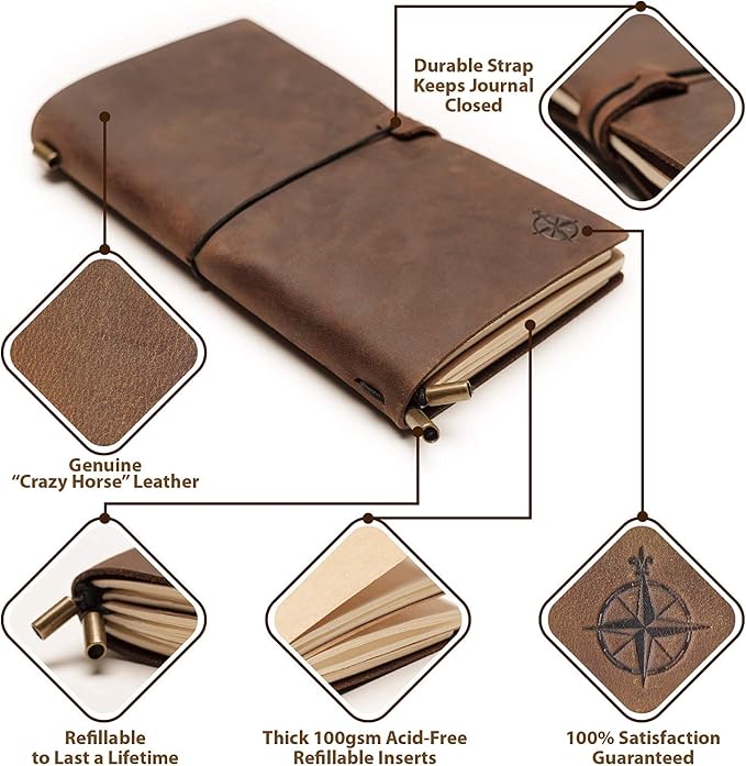 WANDERINGS Large Travelers Notebook - 7.5" x 11" (19 x 28cm) - Grande Travel Journal, Handcrafted, Rugged, Refillable Leather Journal. Perfect for Writing, Artwork, Scrapbooking